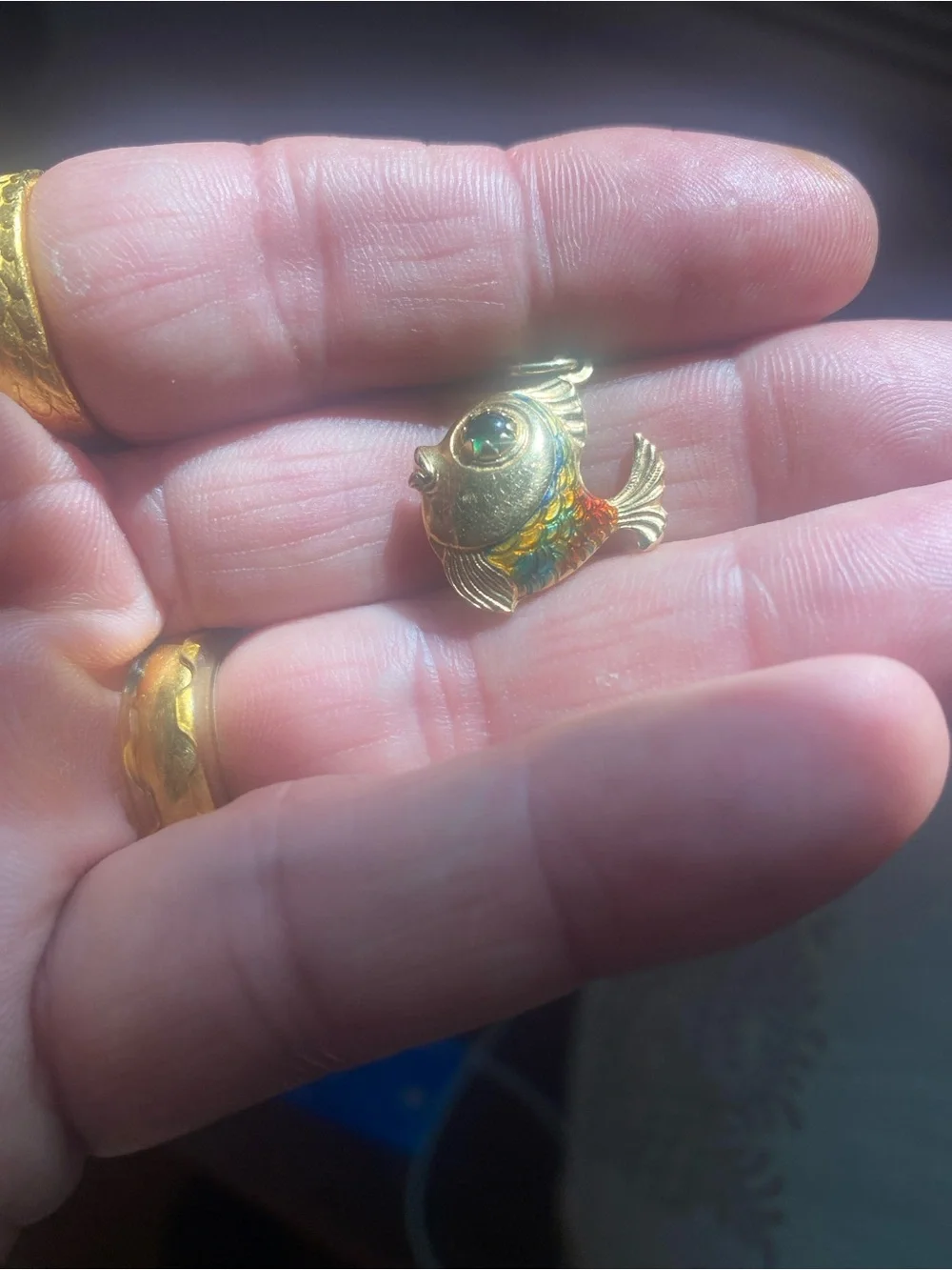 Gold-tone Fish Pendant Charm - Green Eye tested 14 kt gold